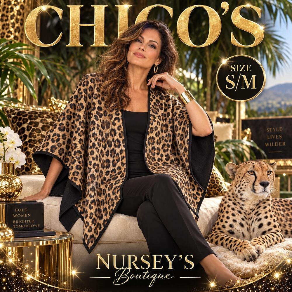 Chico’s Reversible Leopard Print Cape Poncho S/M Black Draped Cardigan